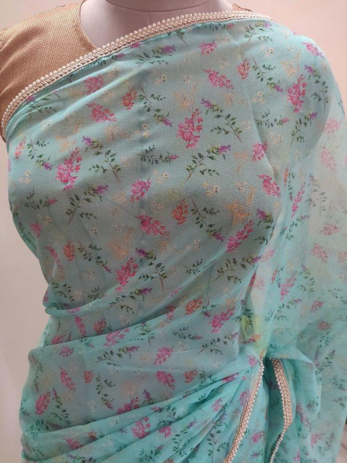 Designer Organza Turquoise Green Printed Pearl Lacer Saree SP31 - Ethnic's By Anvi Creations