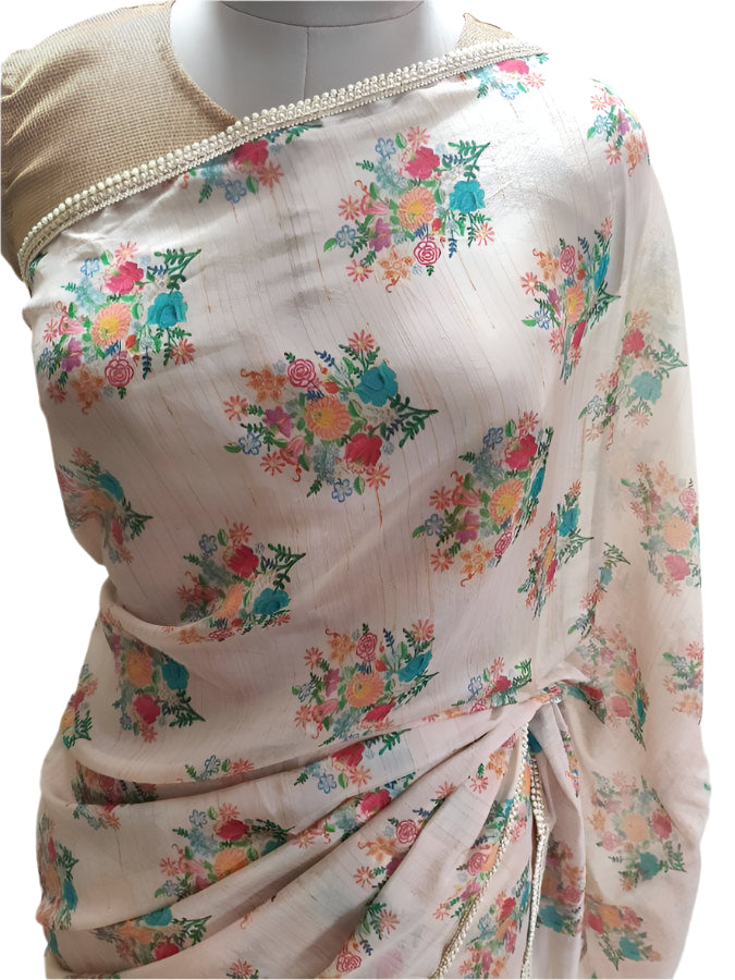 Designer Organza Peach Printed Pearl Lacer Saree SP32 - Ethnic's By Anvi Creations