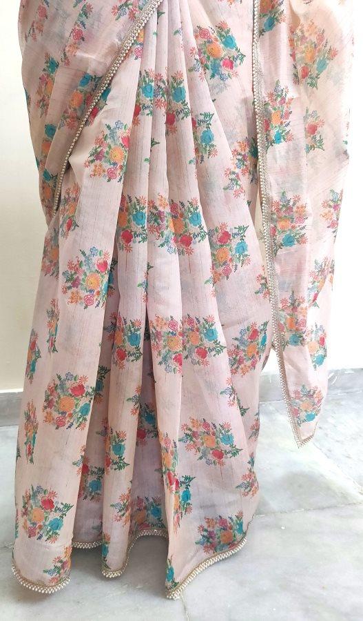 Designer Organza Peach Printed Pearl Lacer Saree SP32 - Ethnic's By Anvi Creations