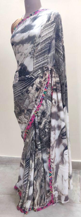 Designer Digital Printed Pure Crepe Buddha Motif Saree SP33 - Ethnic's By Anvi Creations