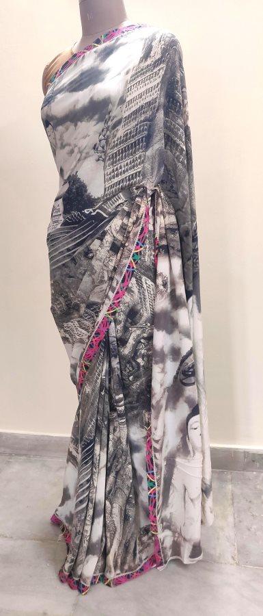 Designer Digital Printed Pure Crepe Buddha Motif Saree SP33 - Ethnic's By Anvi Creations