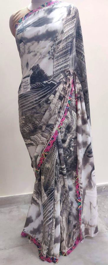 Designer Digital Printed Pure Crepe Buddha Motif Saree SP33 - Ethnic's By Anvi Creations