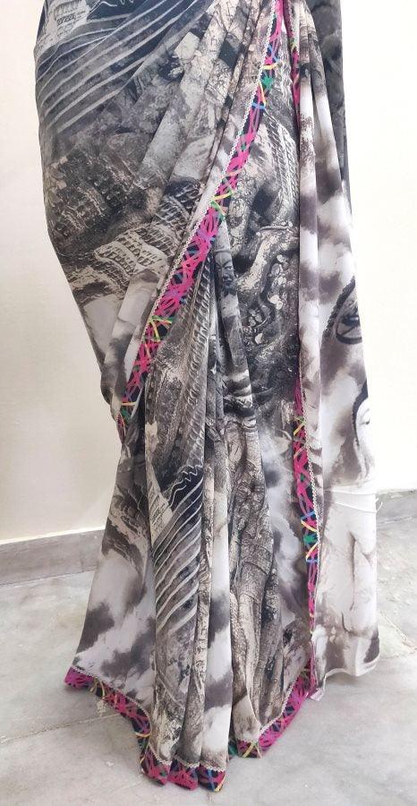 Designer Digital Printed Pure Crepe Buddha Motif Saree SP33 - Ethnic's By Anvi Creations