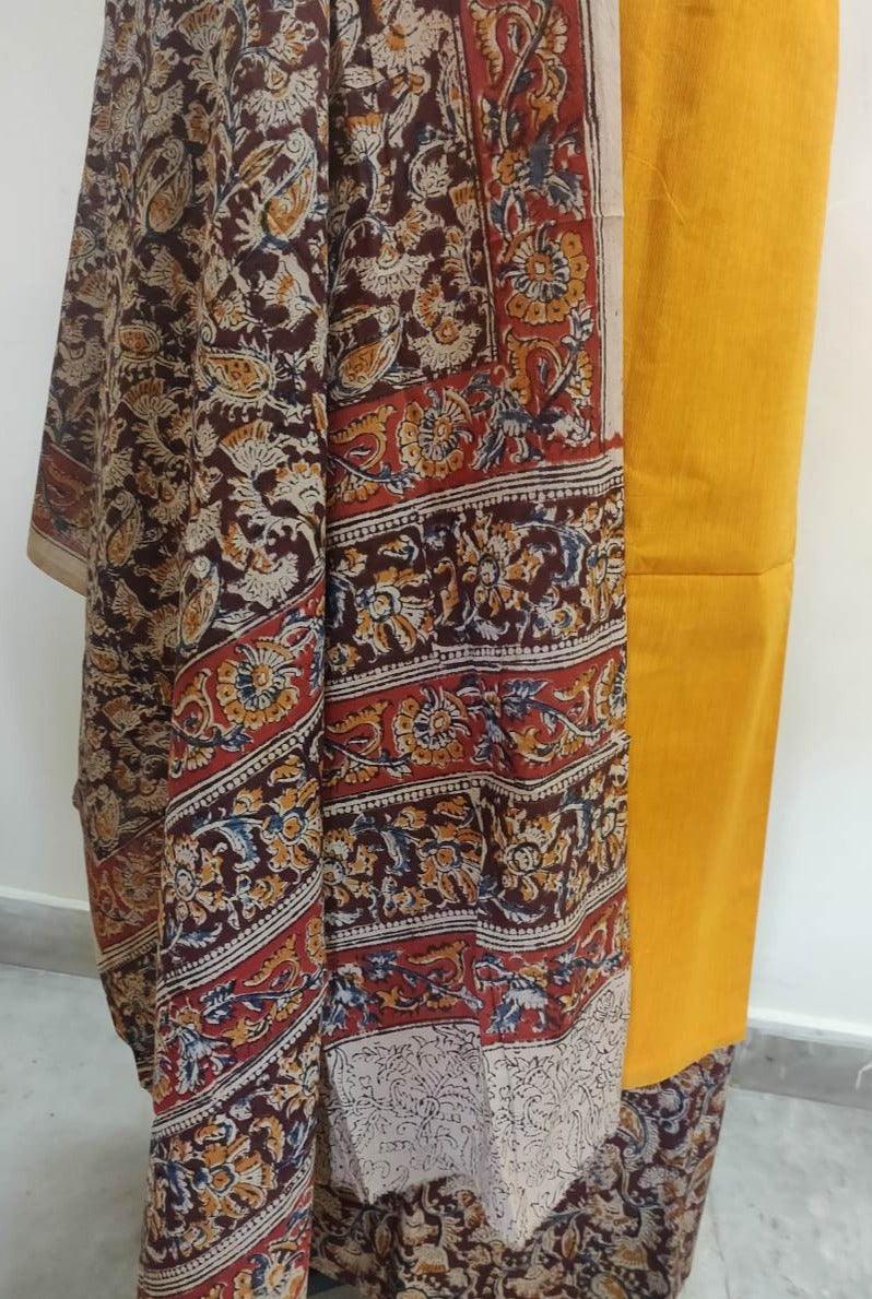 Exclusive Yellow Cotton Kalamkari Suit with Dupatta SVKK03 - Ethnic's By Anvi Creations