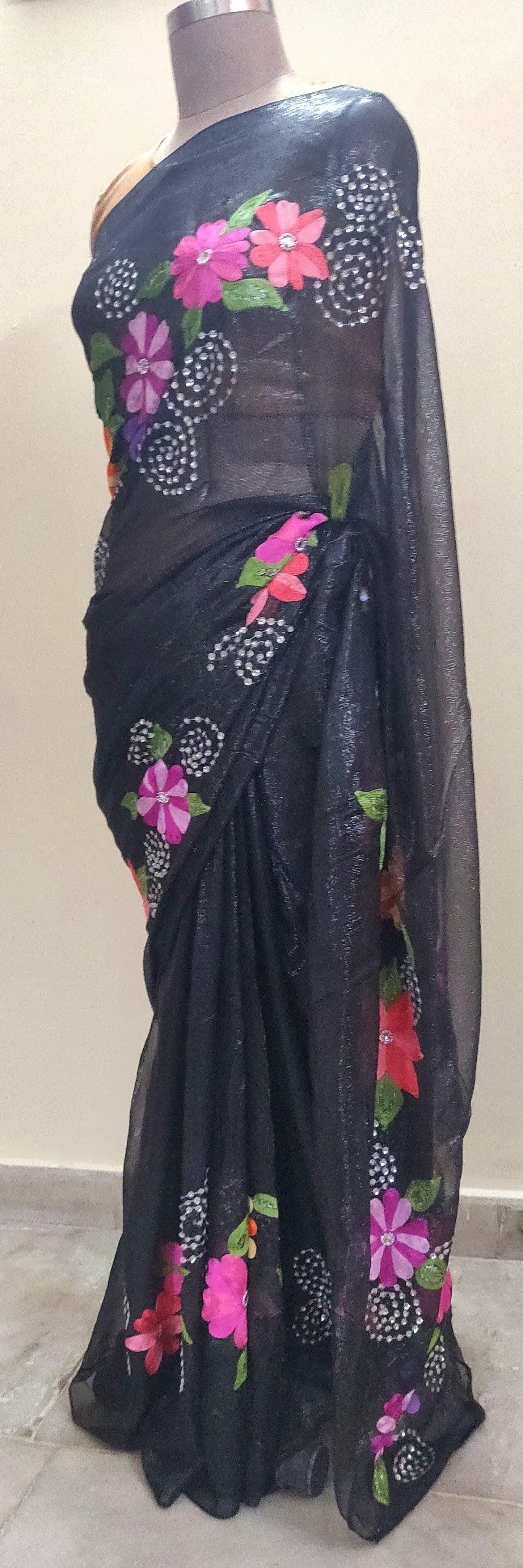 Designer Embroidered Black Shimmer Chiffon Saree SH01 - Ethnic's By Anvi Creations