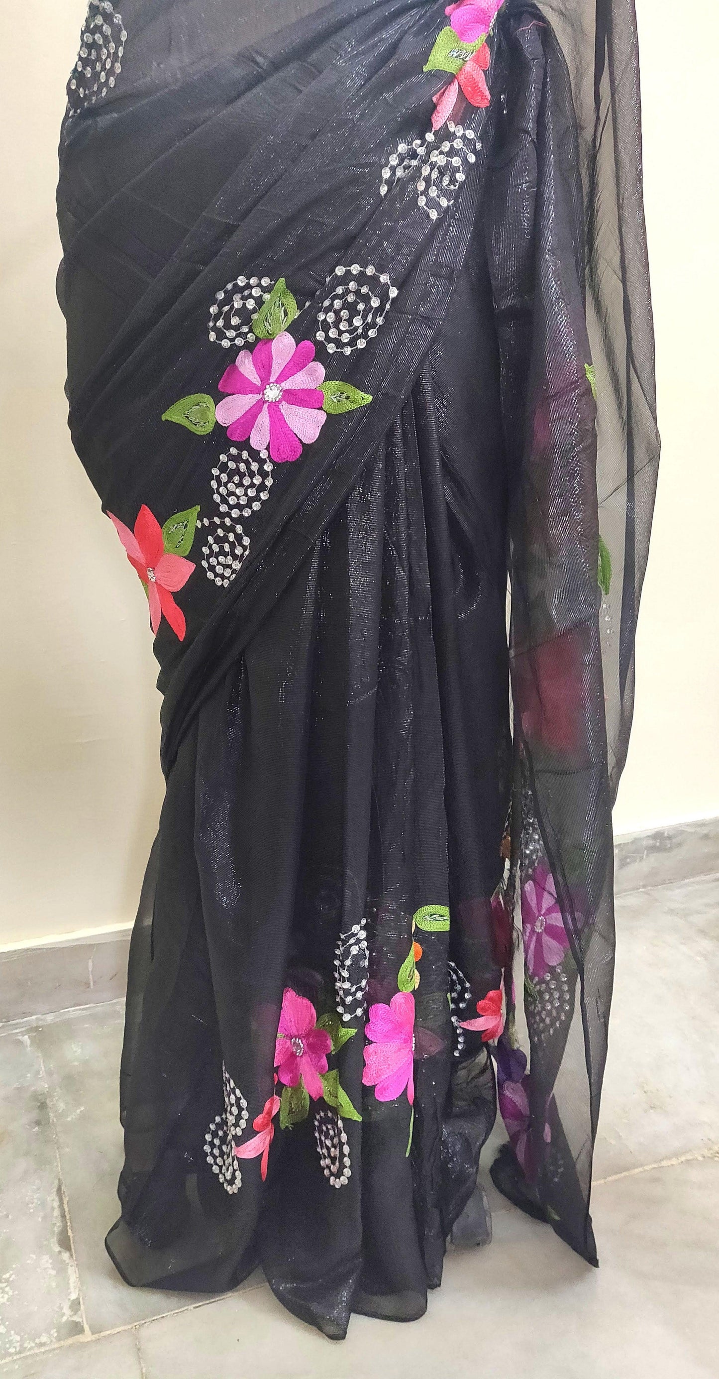 Designer Embroidered Black Shimmer Chiffon Saree SH01 - Ethnic's By Anvi Creations