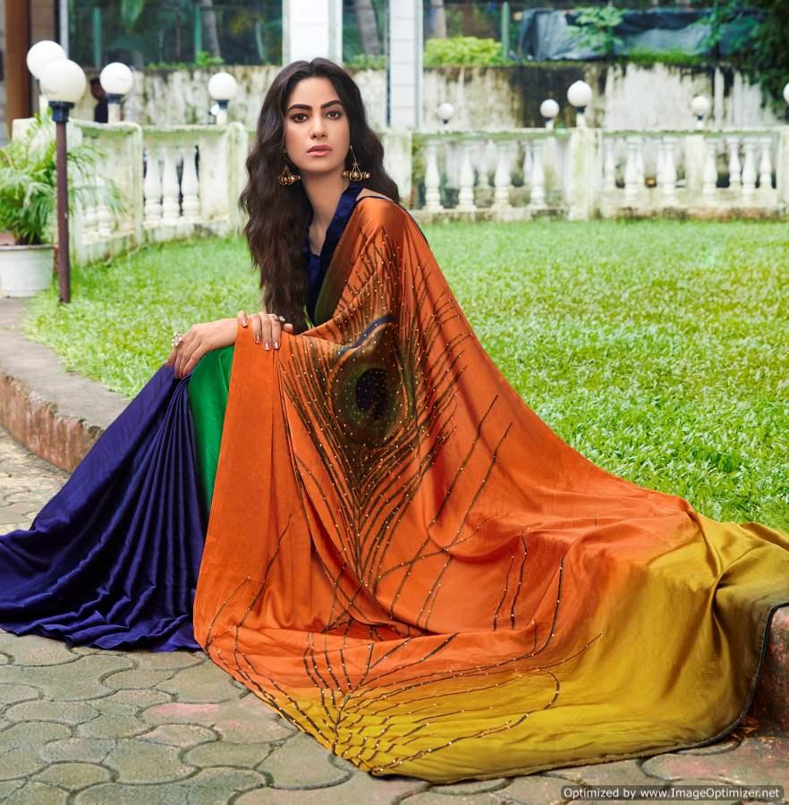 Designer Peacock Feather Green Multi Printed Crepe Saree VAR04-Anvi Creations-Crepe Printed Saree