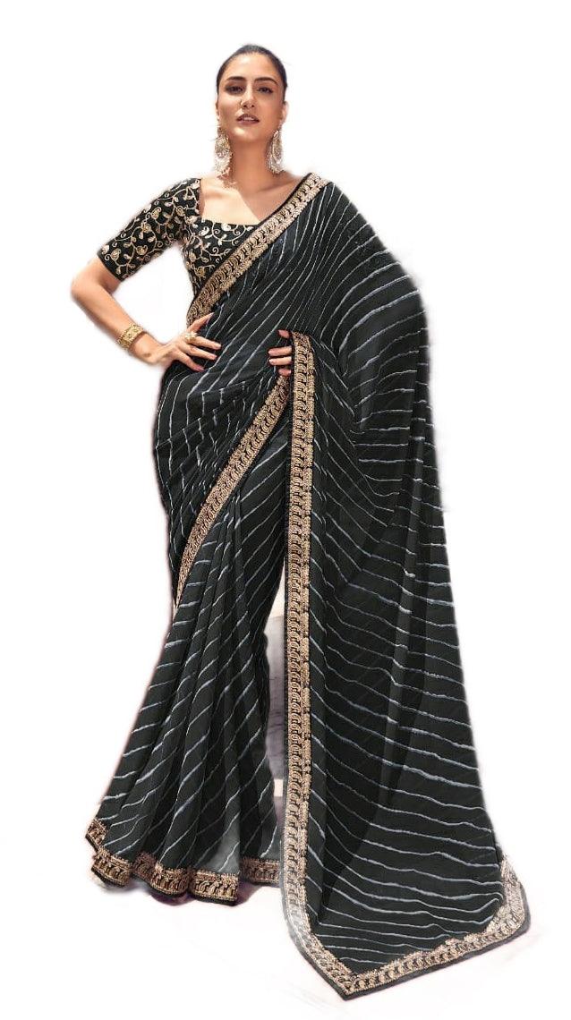 Black Lehariya Printed Saree with Embroidered Blouse VH35E - Ethnic's By Anvi Creations