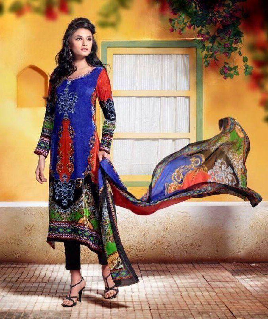 Blue Multi Velvet Printed Dress Material V104-Anvi Creations-Velvet Dress Material