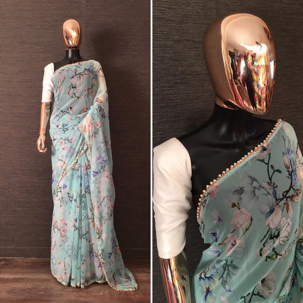 Designer Faux Georgette Turquoise Pearl Lacer Saree ND08-Anvi Creations-Lehariya Saree,Teej saree