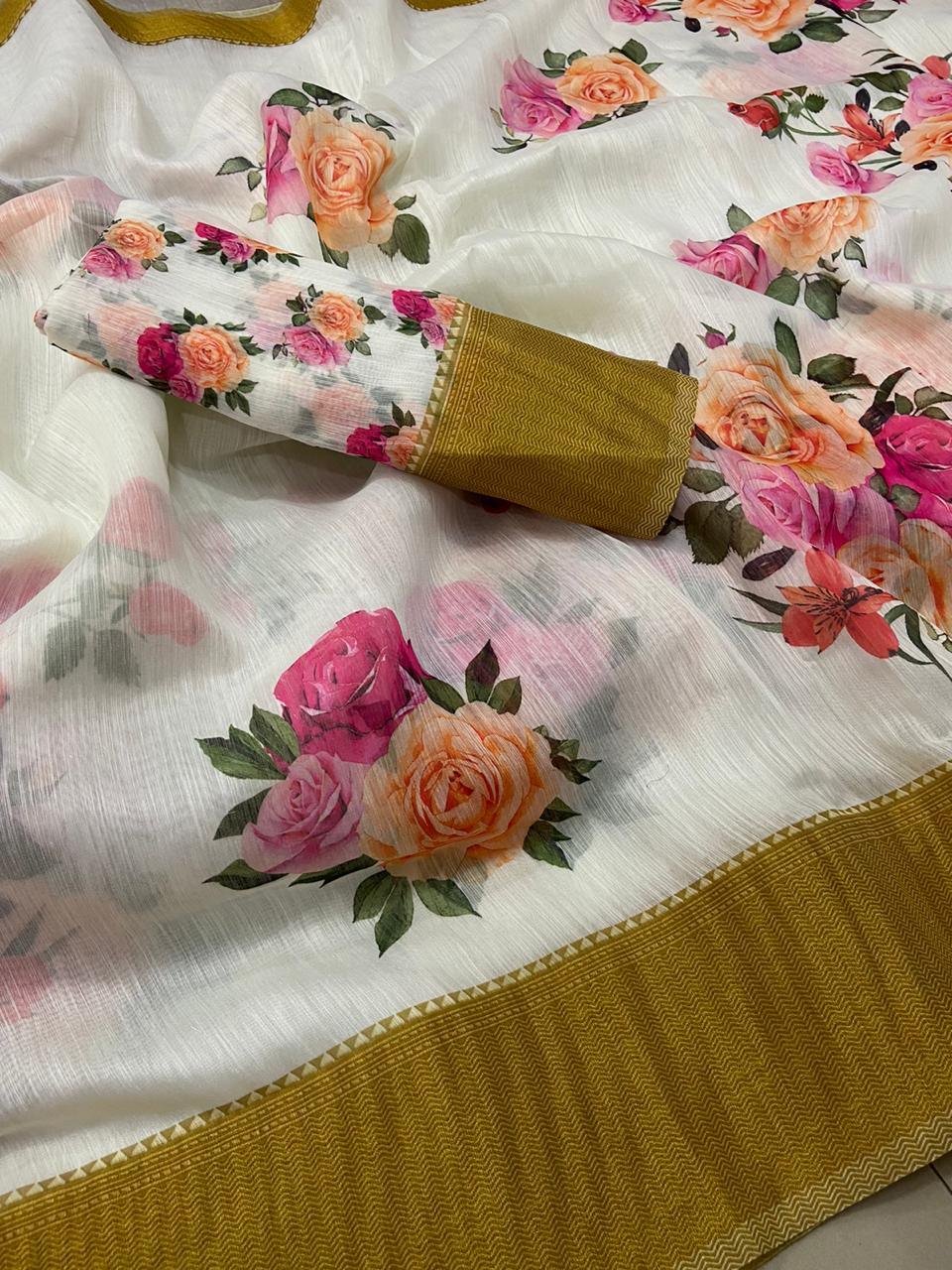 Designer Off white Floral Printed Linen Silk Saree ND03-Anvi Creations-Handloom saree