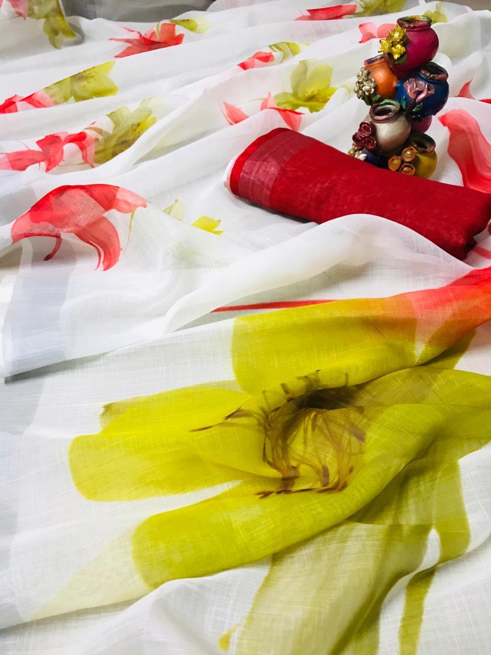 Designer Off White Floral Printed Linen Silk Saree ND05-Anvi Creations-Handloom saree,Linen Saree