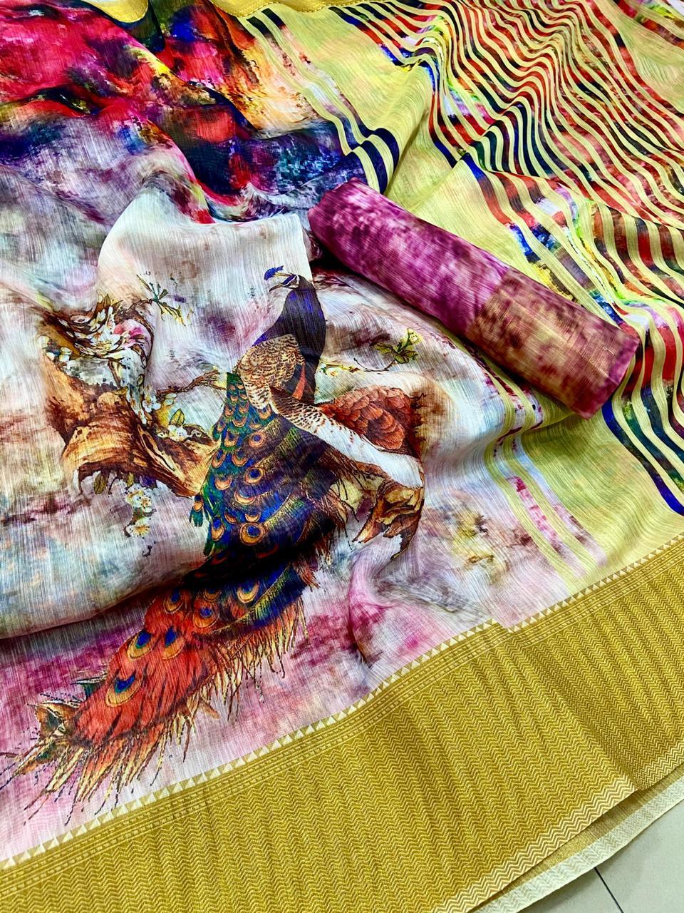 Designer Multi Digital Printed Linen Silk Saree ND04-Anvi Creations-Handloom saree,Linen Saree
