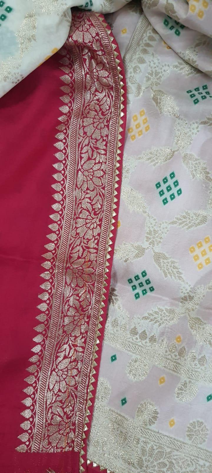 Off White Bandhej Bandhani Pure Georgette Weave Saree KCBG01 - Ethnic's By Anvi Creations