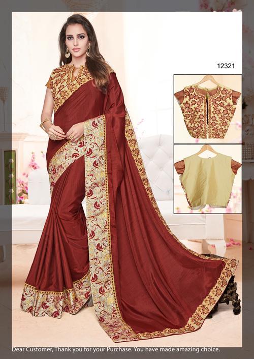 Maroon Dupion Silk Saree with Embroidered Work Border & Dual Blouse