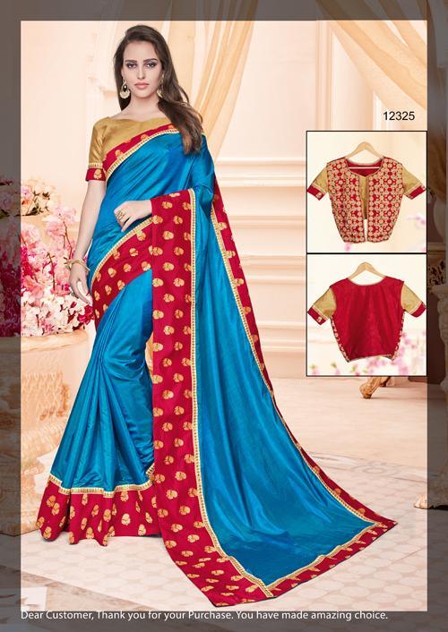 Blue Dupion Silk Saree with Embroidered Work Border & Dual Blouse