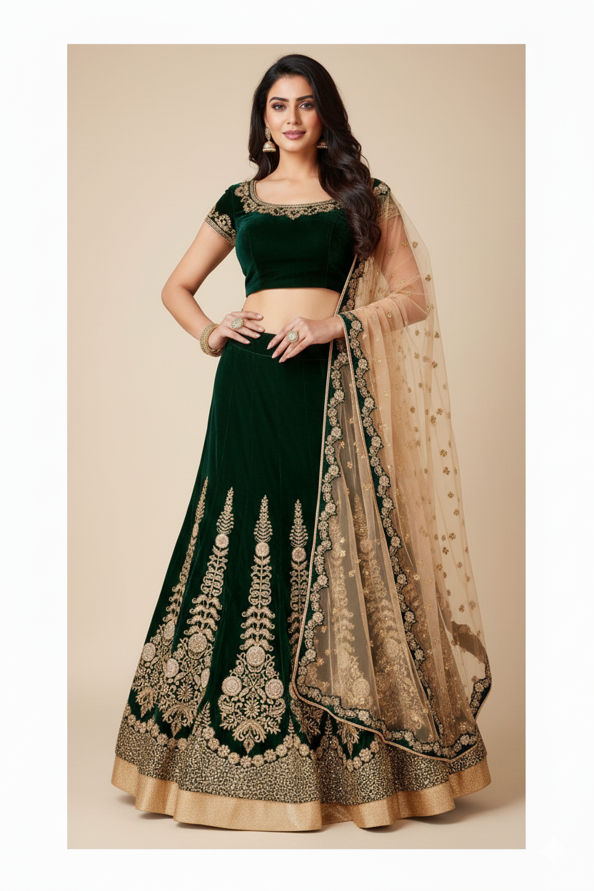 Heavy Wedding  Velvet Green  Lehenga Choli SC5050