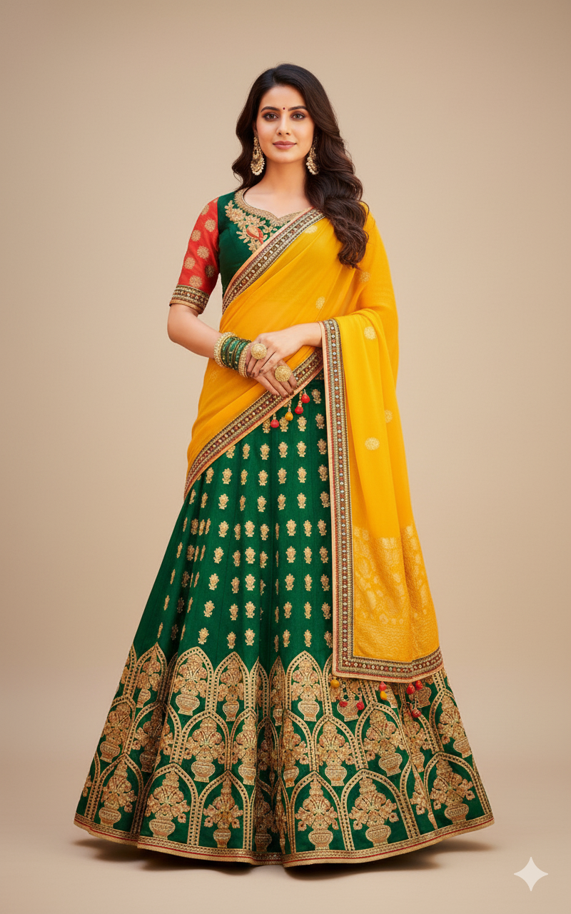 Green Yellow Pure Silk Lehenga Choli Dupatta L508