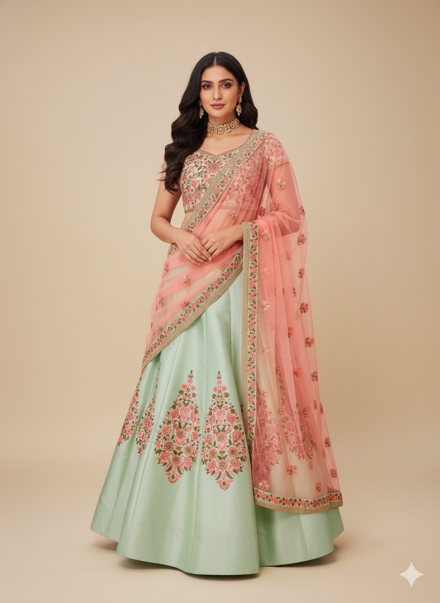 Designer Peach Semi Stitched Satin Silk Lehenga Choli Dupatta 4151