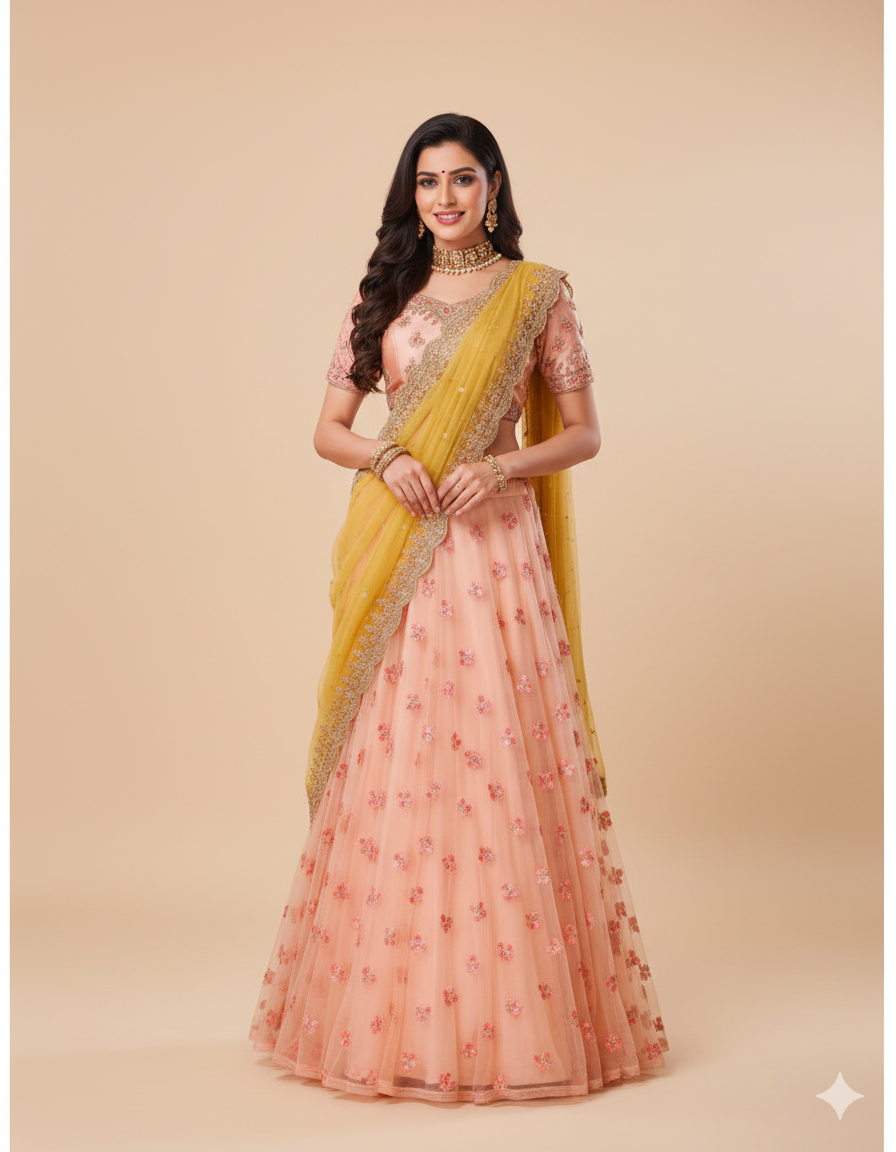 Designer Peach Semi Stitched Net Lehenga Choli Dupatta 4152