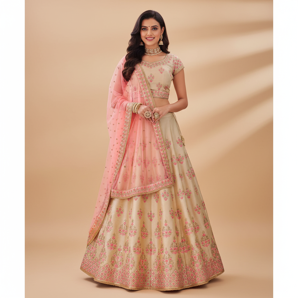 Designer Peach Semi Stitched Satin Silk Lehenga Choli Dupatta 4154
