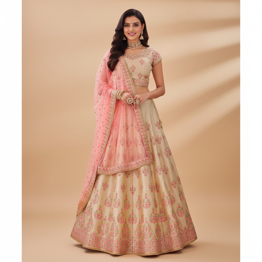 Designer Peach Semi Stitched Satin Silk Lehenga Choli Dupatta 4154