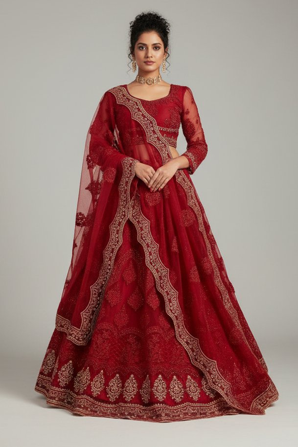 Semi Stitched Reddish Maroon Heavy Net Bridal Partywear Lehenga Choli ALI1008