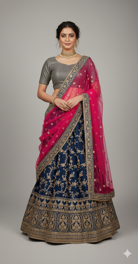 Semi Stitched Peacock Blue Handloom Silk Bridal Partywear Lehenga Choli NAK5163