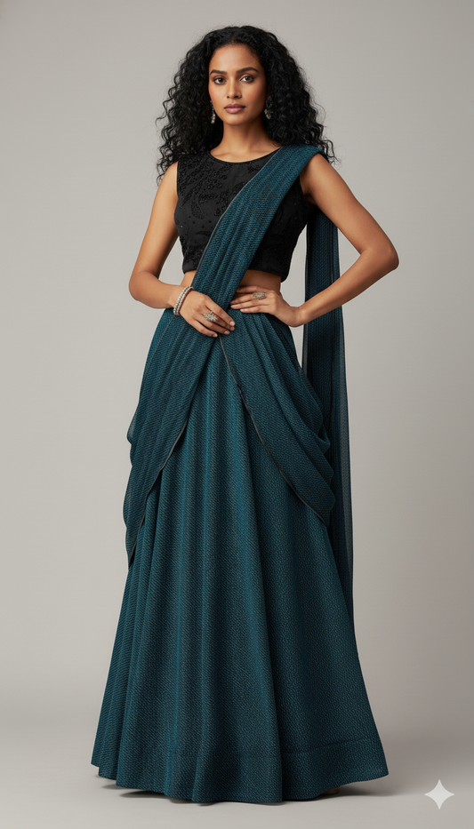 Turquoise Blue Ready To Wear Heavy Indo Western Lehenga Saree 5108
