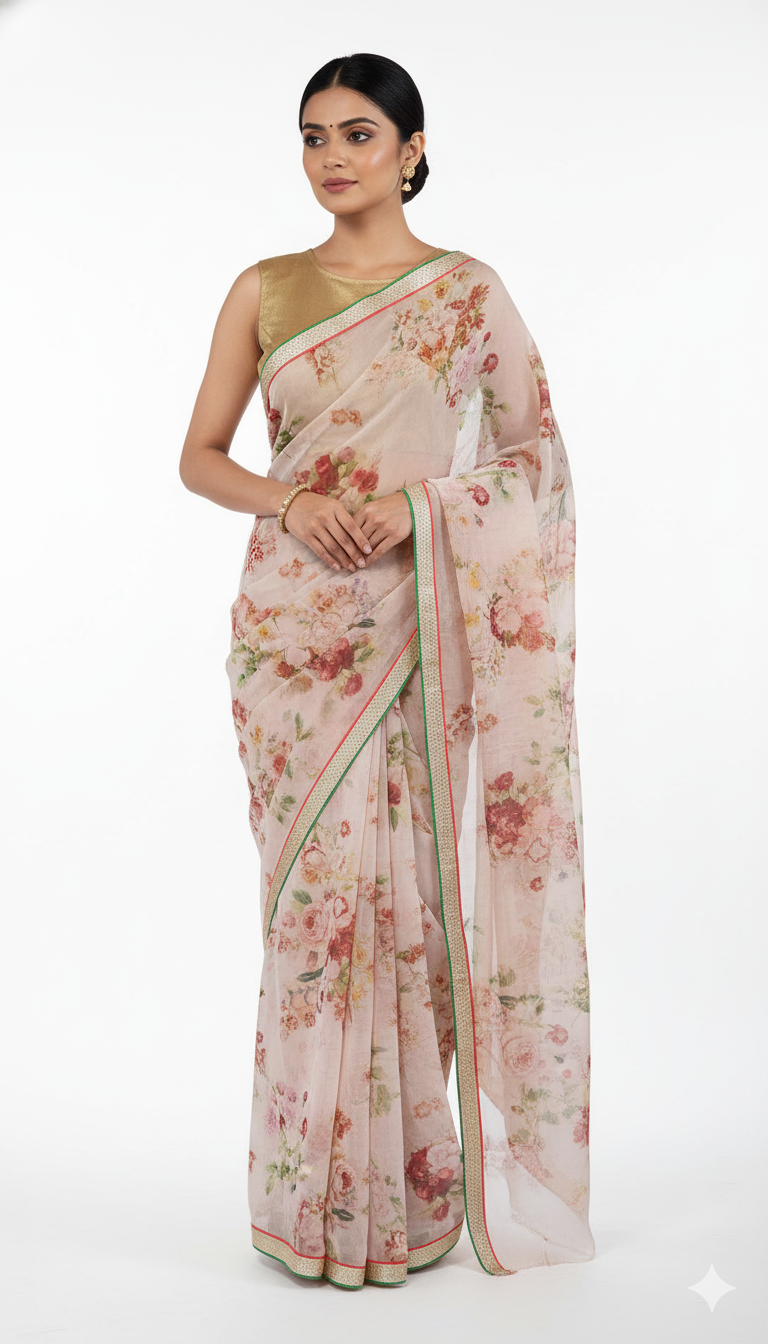 Organza Peach Floral Border Work Saree SP19