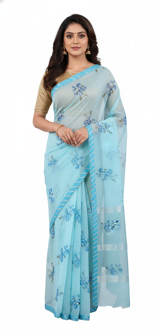 <transcy>Saree SP20 orné de bordure imprimée florale bleue en organza</transcy>