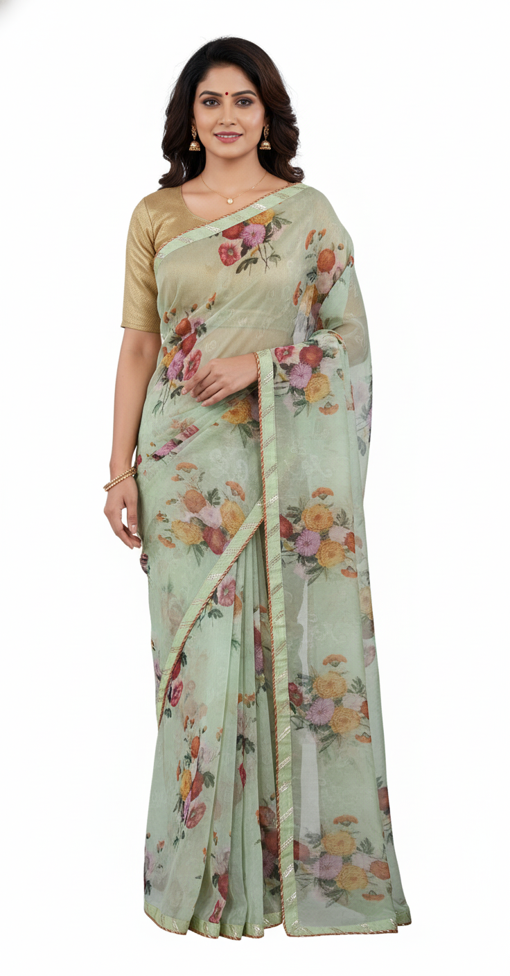 Organza Green Floral Embellished Saree SP21