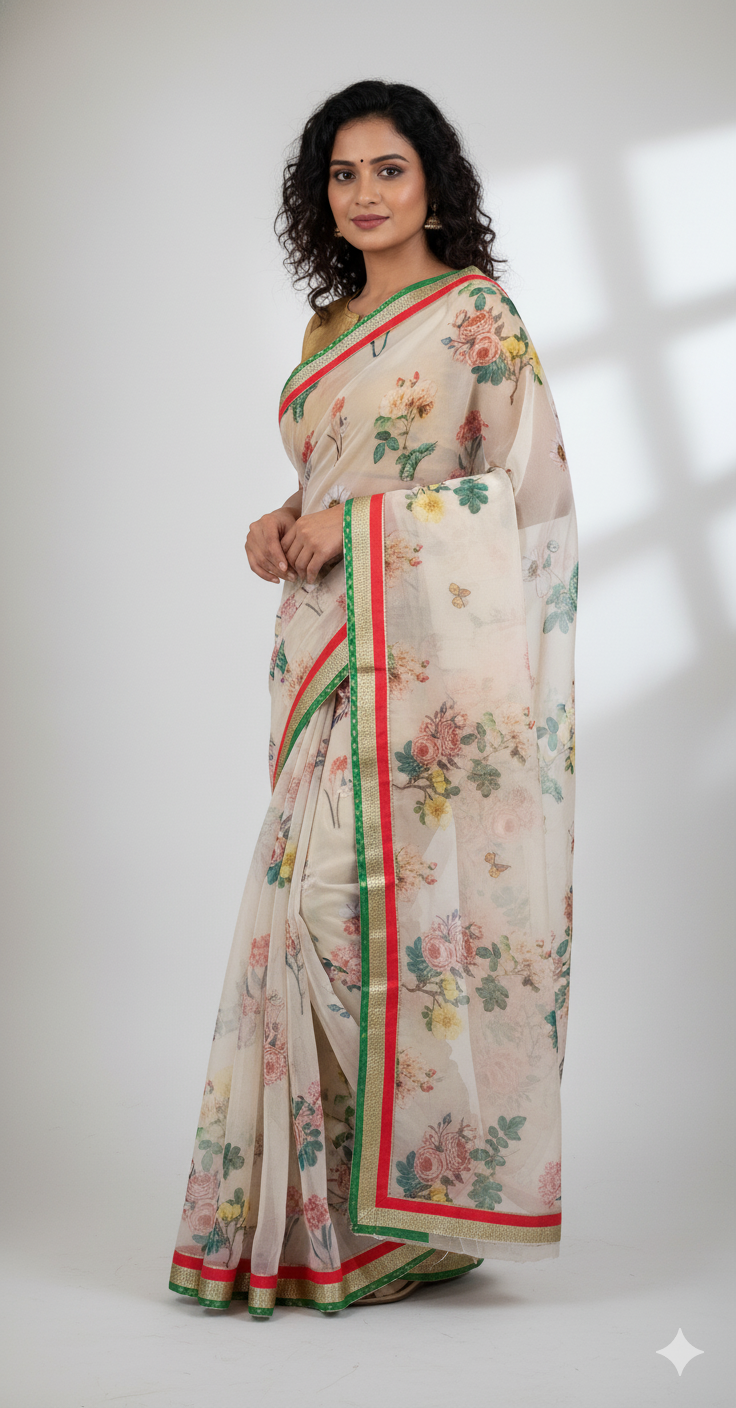 Organza Peach Floral Printed Embellished Saree SP22