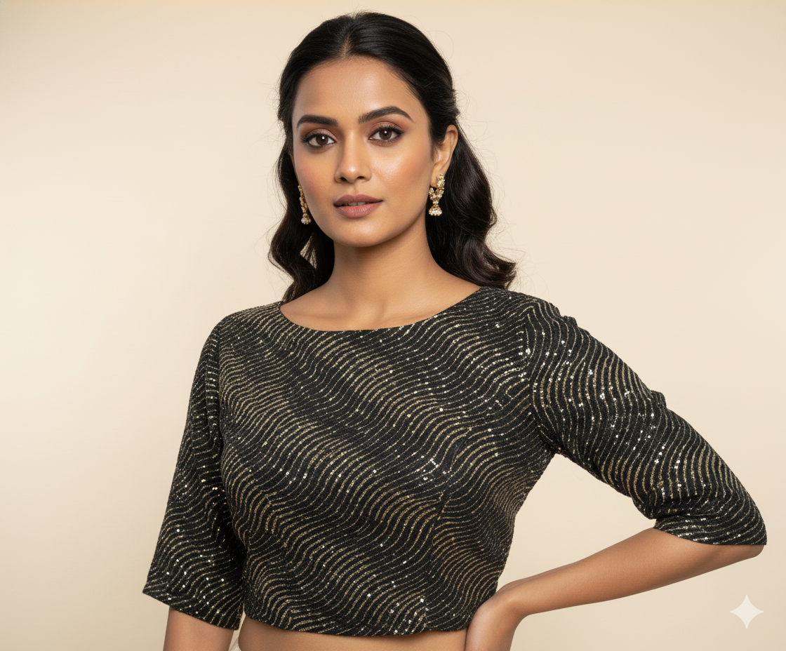 Designer Black Shimmer Lycra Ready to Wear Blouse Crop Top ACP09