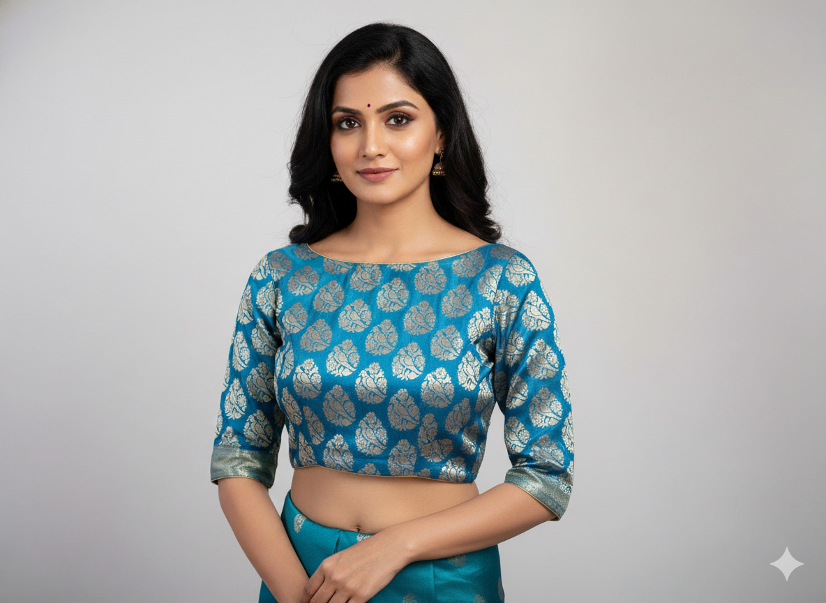 Designer Firozi Blue Peacock Motif Brocade Ready to Wear Blouse ACP13