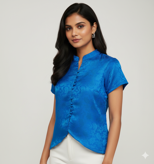 Designer Turquoise Blue Jequard Collared Ready to Wear Long Blouse ACP14