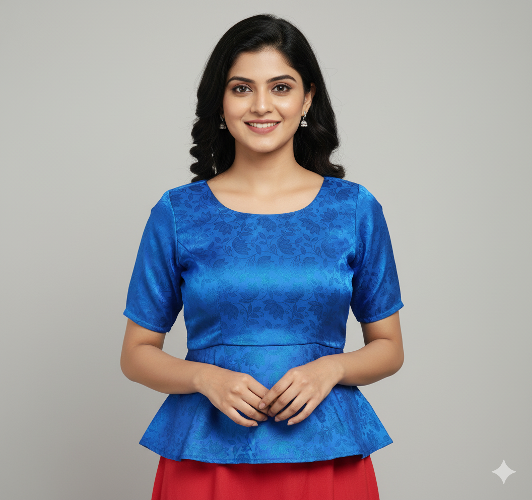 Designer Turquoise Blue Peplum Ready to Wear Long Blouse Crop Top ACP20