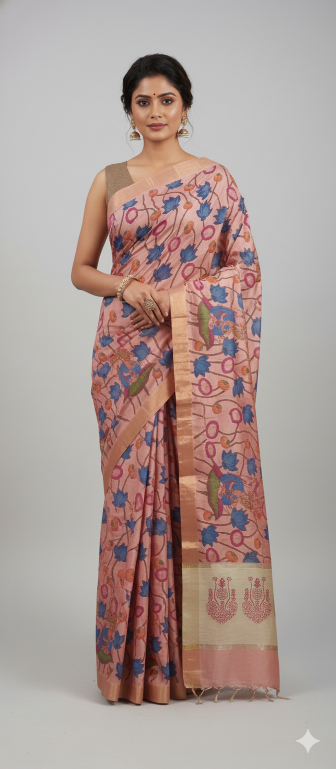 Peach Kalamkari Printed Soft Silk Saree SHVMD03