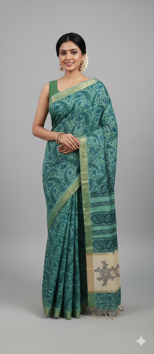 Green Kalamkari Printed Soft Silk Saree SHVMD02