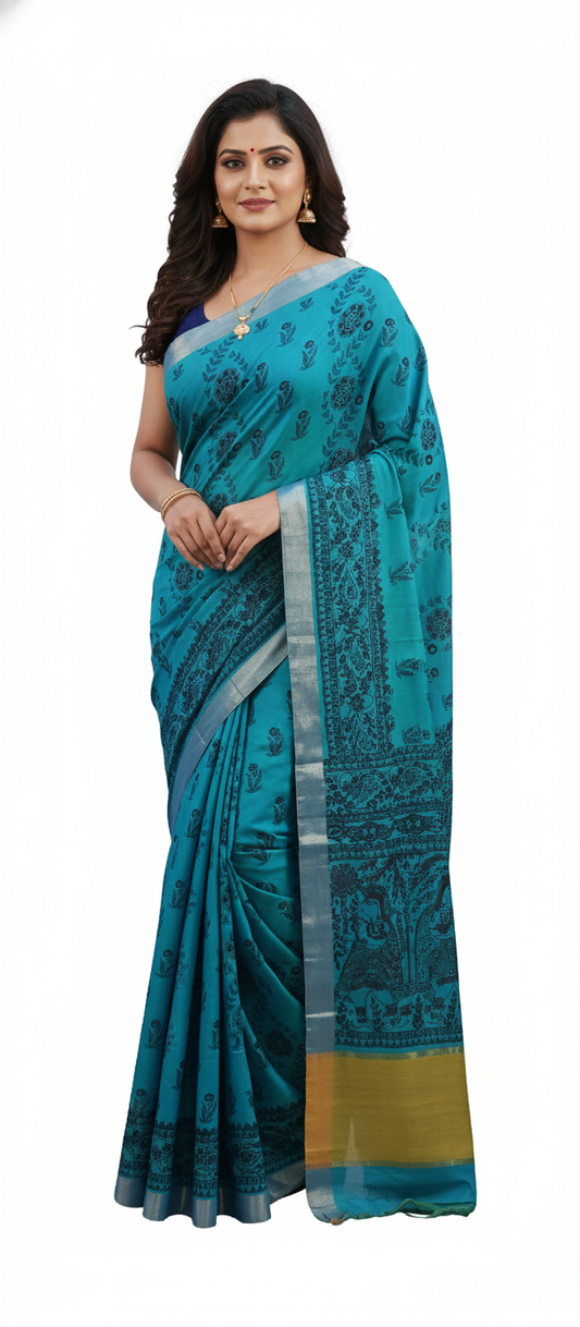 Teal Blue Madhubani Printed Soft Silk Saree SHVMD01