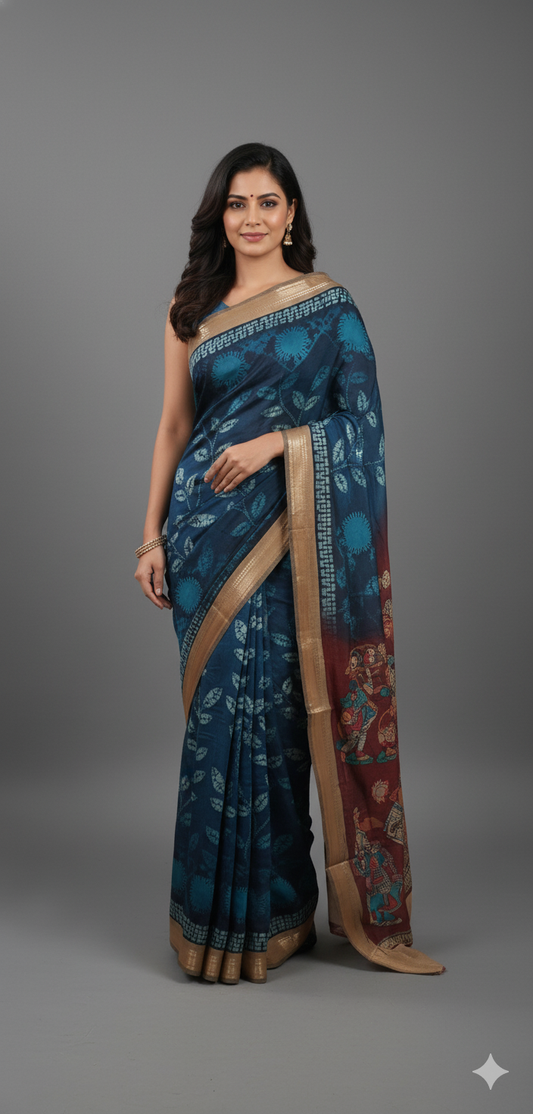 Teal Blue Maheshwari Kalamkari Print Soft Silk Saree GKM06