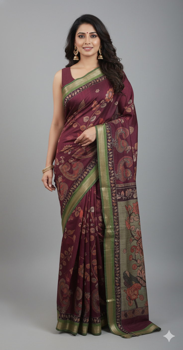 Maroonish Pink Maheshwari Kalamkari Print Soft Silk Saree GKM01