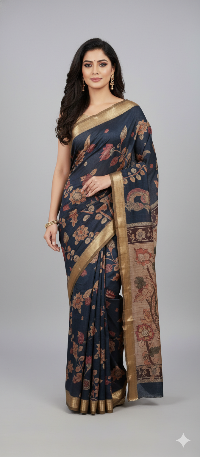 Ink Black Maheshwari Kalamkari Print Soft Silk Saree GKM05
