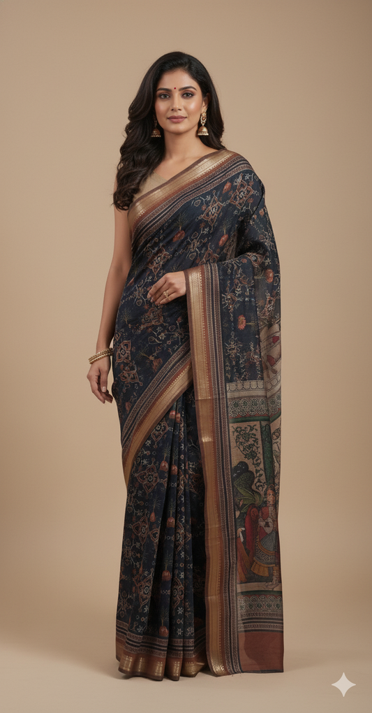 Black Maheshwari Kalamkari Print Soft Silk Saree GKM02