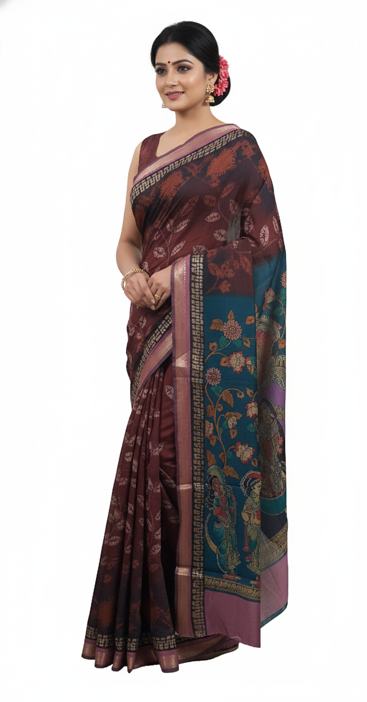 Rust Orange Maheshwari Kalamkari Print Soft Silk Saree GKM03