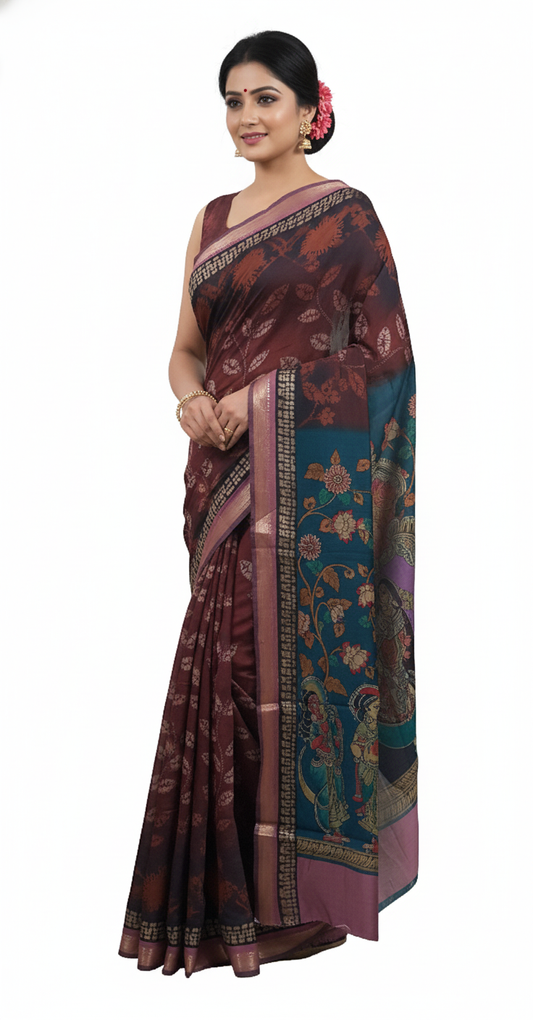 Rust Orange Maheshwari Kalamkari Print Soft Silk Saree GKM03