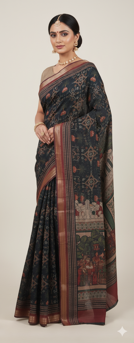 Black Maheshwari Kalamkari Print Soft Silk Saree GKM04