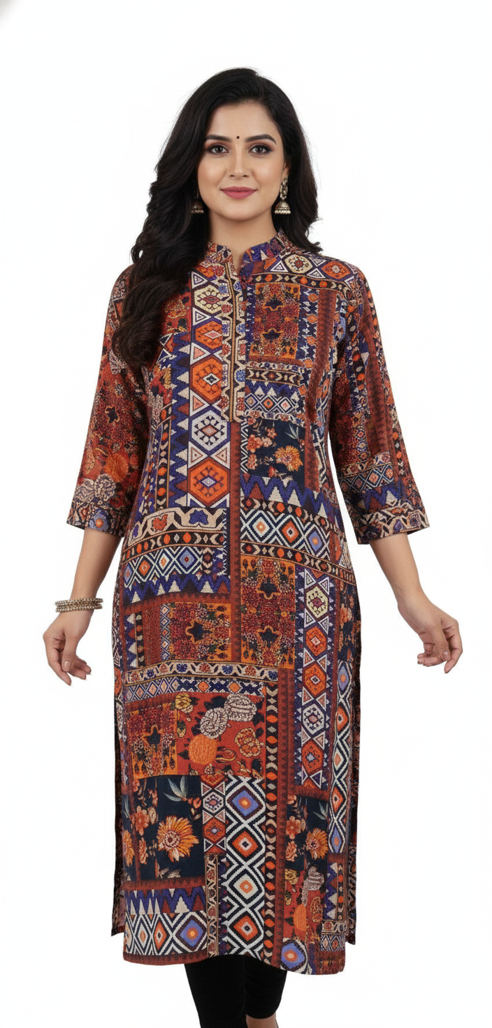 Semi Stitched Orange Digital Printed Pashmina Kurti 03