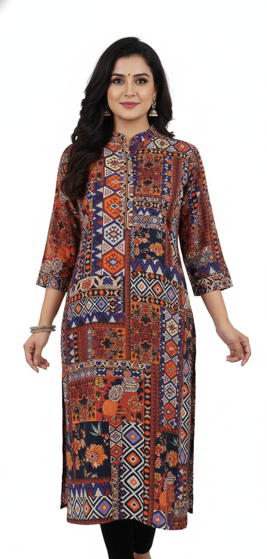 Semi Stitched Orange Digital Printed Pashmina Kurti 03