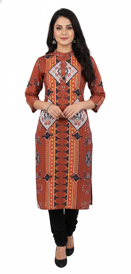 Semi Stitched Orange Digital Printed Pashmina Kurti 04